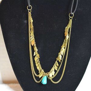 Vintage Southwestern Black Leather Gold Tone Leaf Faux Turquoise Necklace